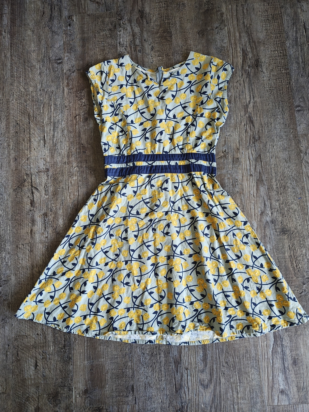 Yellow Floral Dress with Navy Waistband